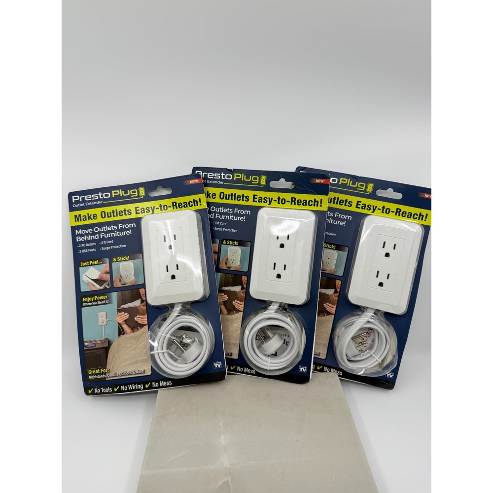 Presto Plug Wall Outlet Extender 4 ft Cord Peel & Stick Set Of Three No Mess